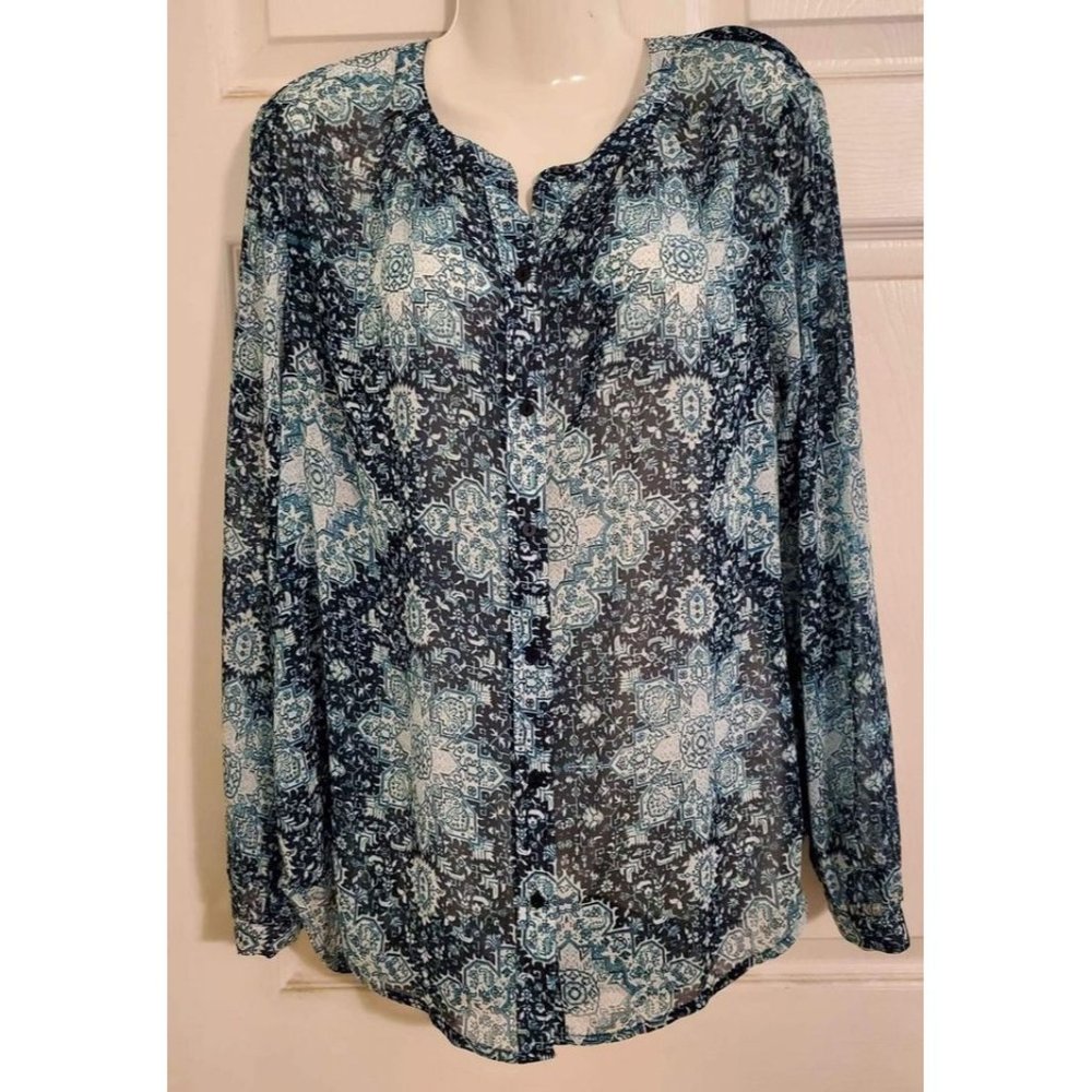 Lucky Brand Size Medium Button Down Sheer Top Long Sleeve